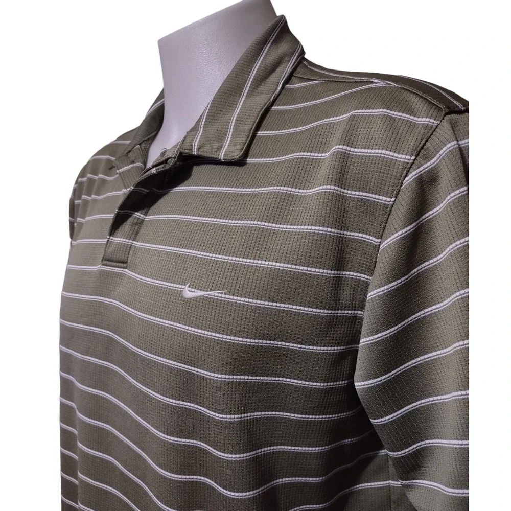 Nike Performance Polo Shirt Men's Large L Green Striped Collar Logo Short Sleeve